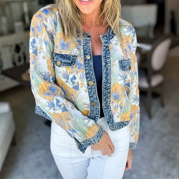Floral woven jacquard denim button boho bohemian jacket - Picture 3 of 14